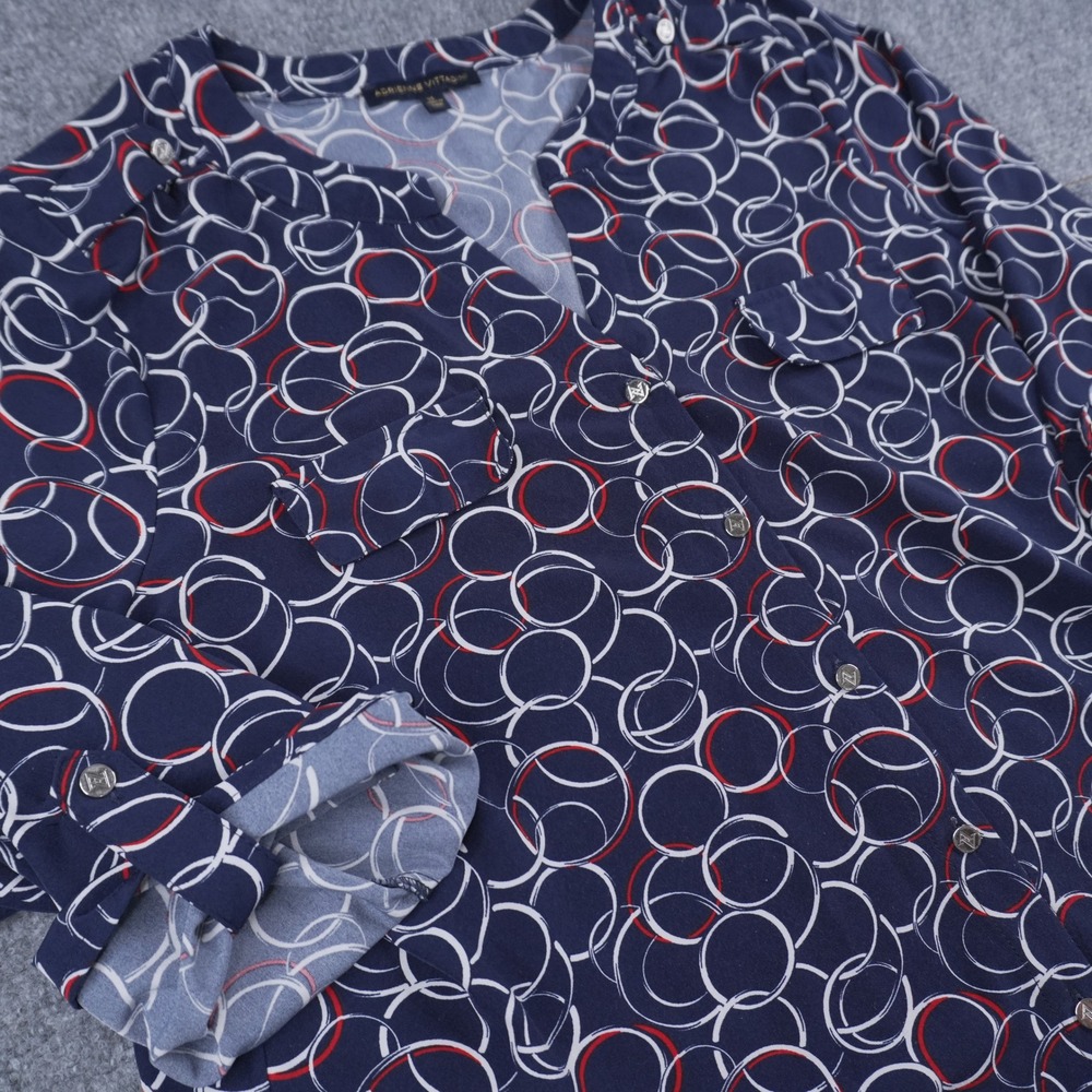 Adrienne Vittadini Blouse Womens XL Navy Blue Geometric Circle Roll Tab Sleeve